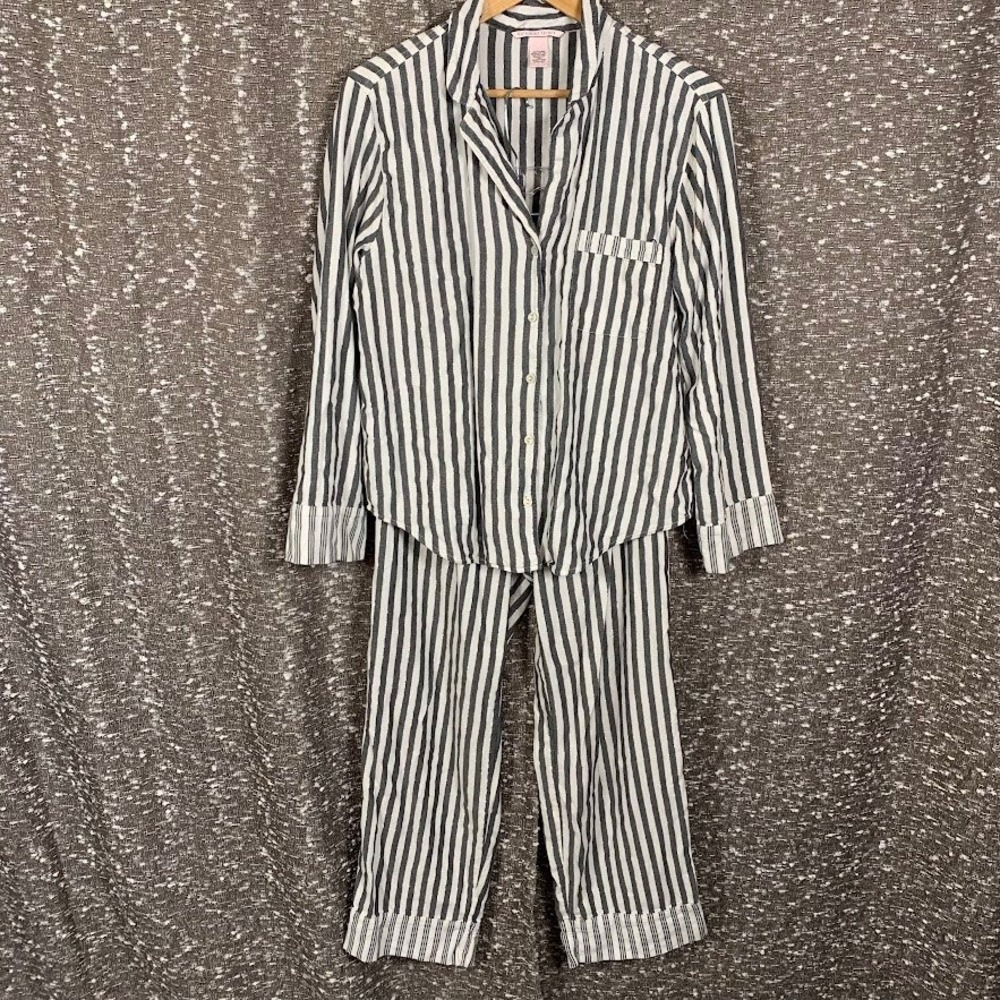 Victoria's Secret Gray/White Striped Pajama Set 2 Piece Long Sleeve Women's M